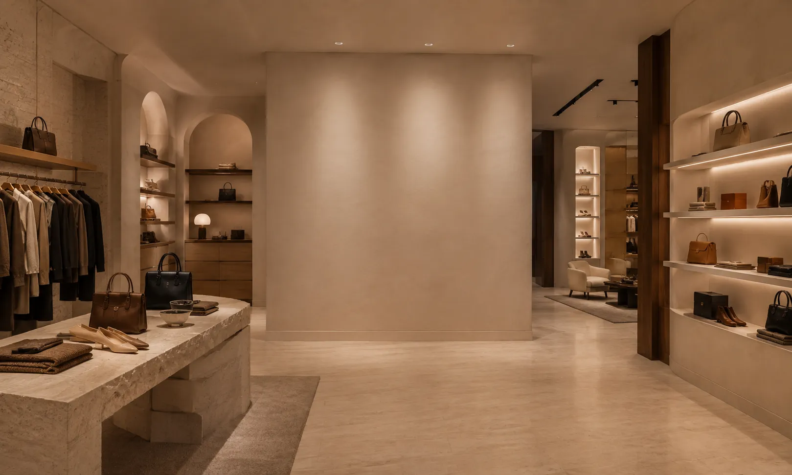 Warmly lit clothing boutique interior with plaster walls, a stone display table, hanging garments, and handbags on backlit shelving.
